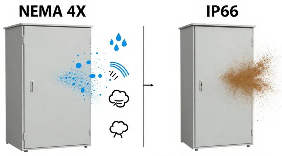 NEMA vs IPRatingProtection LevelsDescription Prompt A side by side comparison diagram showing